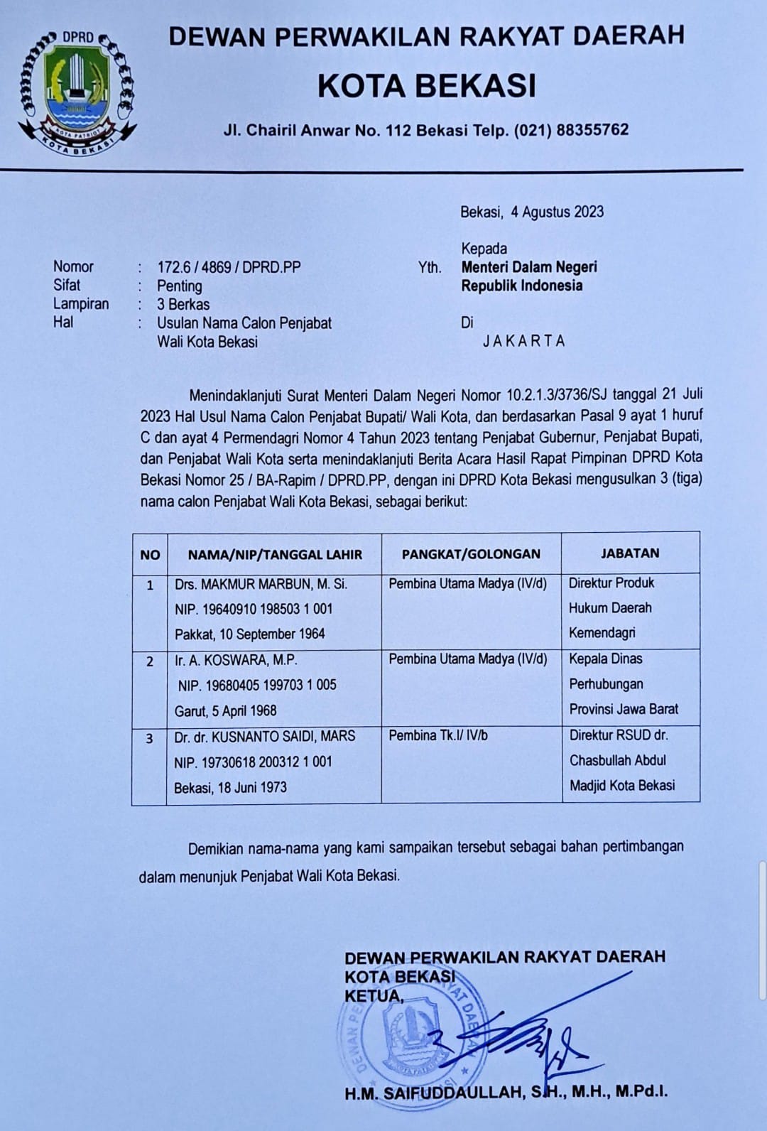 Usulan Nama Calon Pejabat Wali Kota Bekasi