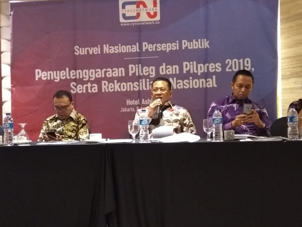 Ketua DPR RI Bambang Soesatyo dalam acara pemaparan survei Cyrus Network