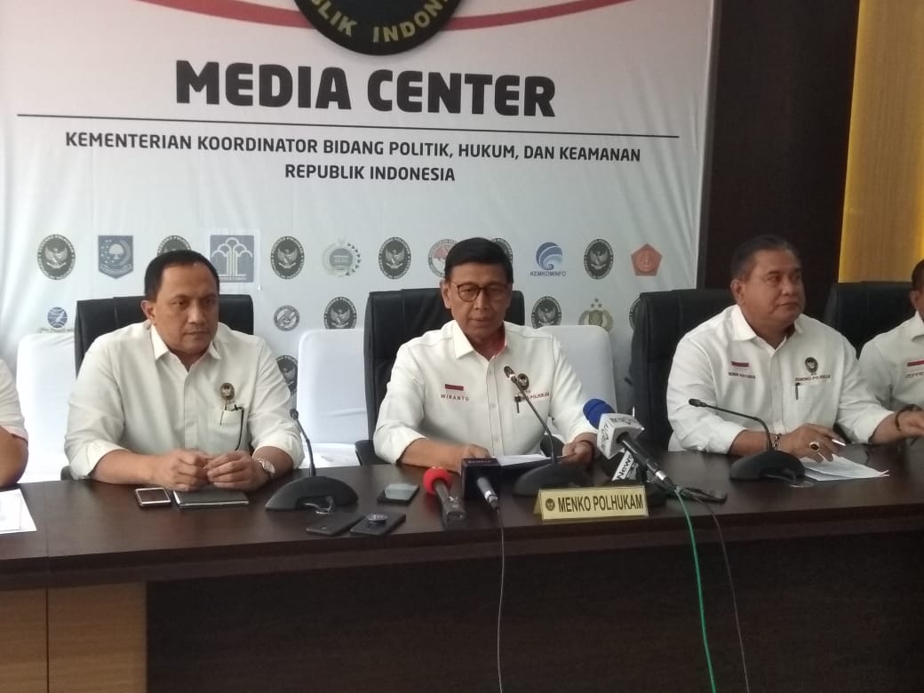 Menkopolhukam Wiranto saat jumpa pers di kantor Kemenko Polhukam