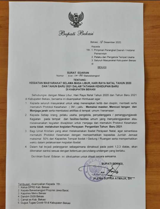 Surat Edaran Pemkab Bekasi yang melarang Perayaan Tahun Baru