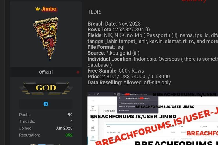 Tangkapan layar peretas Jimbo diduga mencuri data KPU dan menjualnya di BreachForums